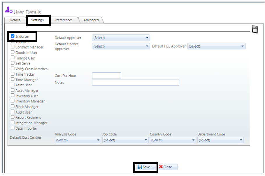 How to give a user permission to endorse purchase orders
