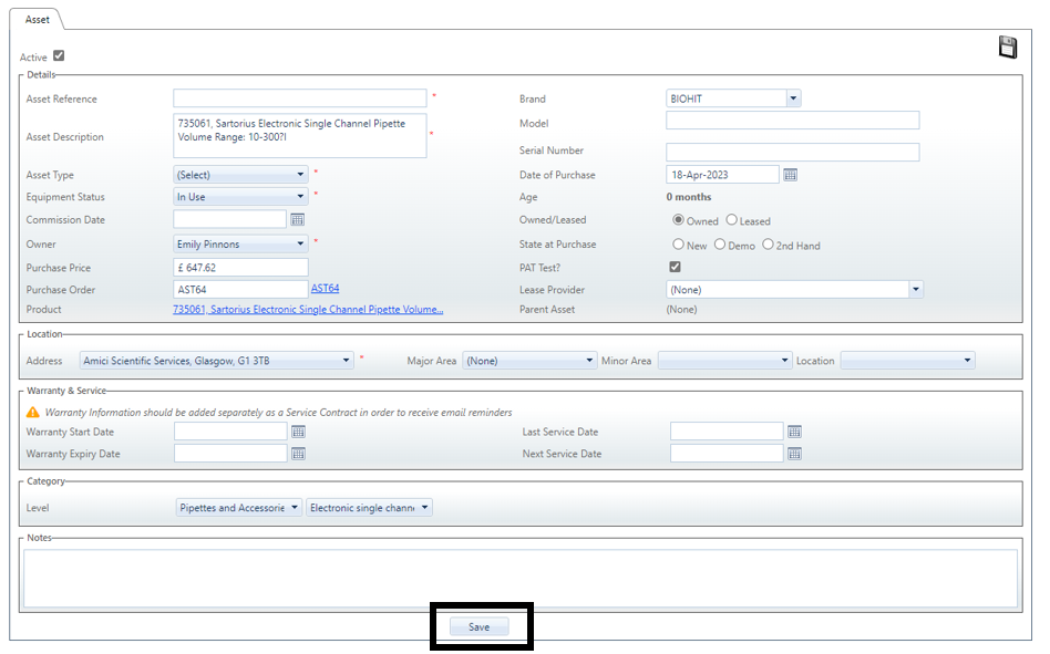How to add an asset to the Asset Register