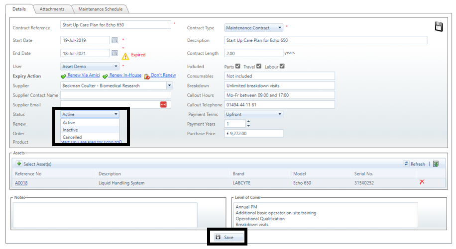 How to make a Service Contract inactive